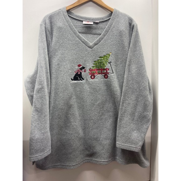 Quacker Factory Tops - Quacker Factory Christmas Dog Fleece Sweatshirt XL Gray V-Neck Holiday Pullover